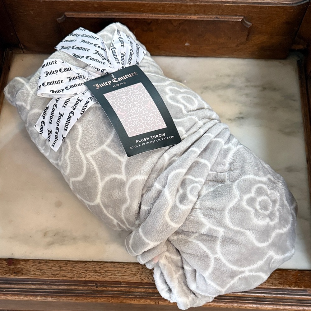 Juicy Couture Light Gray Floral Plush Throw